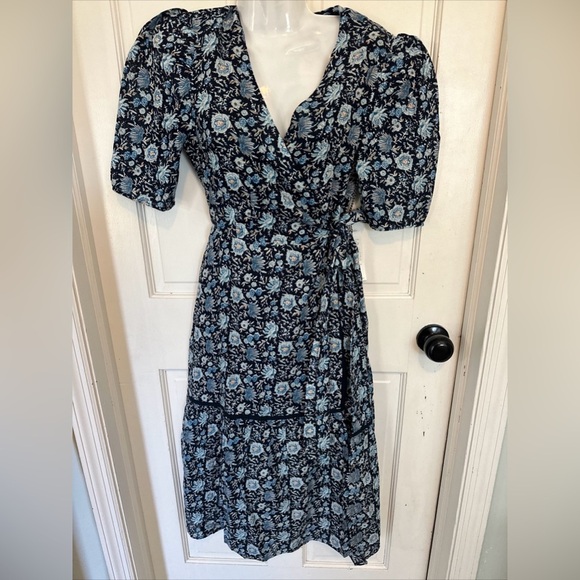 NWT St Roche Pearl Dress in Navy Wrap Around Midi Puff Sleeve Floral Size 4 - Picture 4 of 16